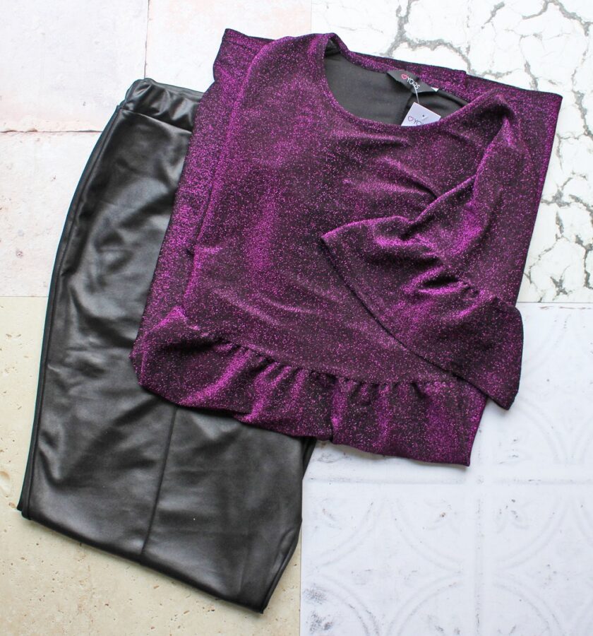 Curve Purple Glitter Frill Sleeve Smock Dress and Leather Look Trousers