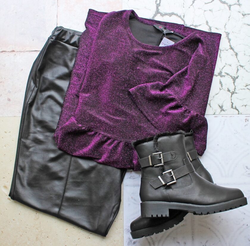 Curve Purple Glitter Frill Sleeve Smock Dress and Leather Look Trousers and Boots