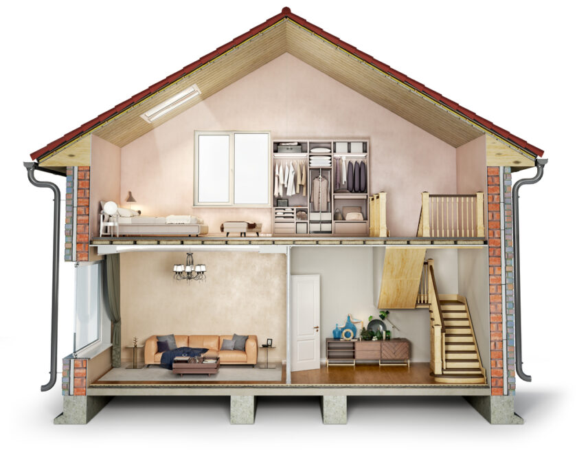House cross section, view on bedroom, living room and hallway, 3d illustration