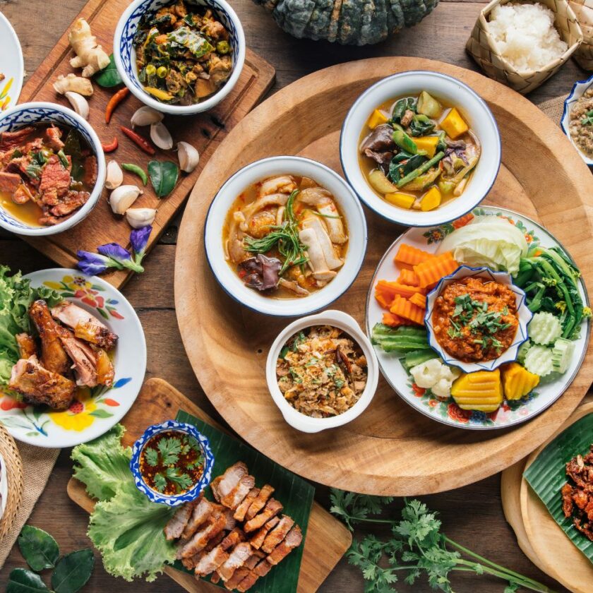 Tradition Northern Thai food. on a wooden table