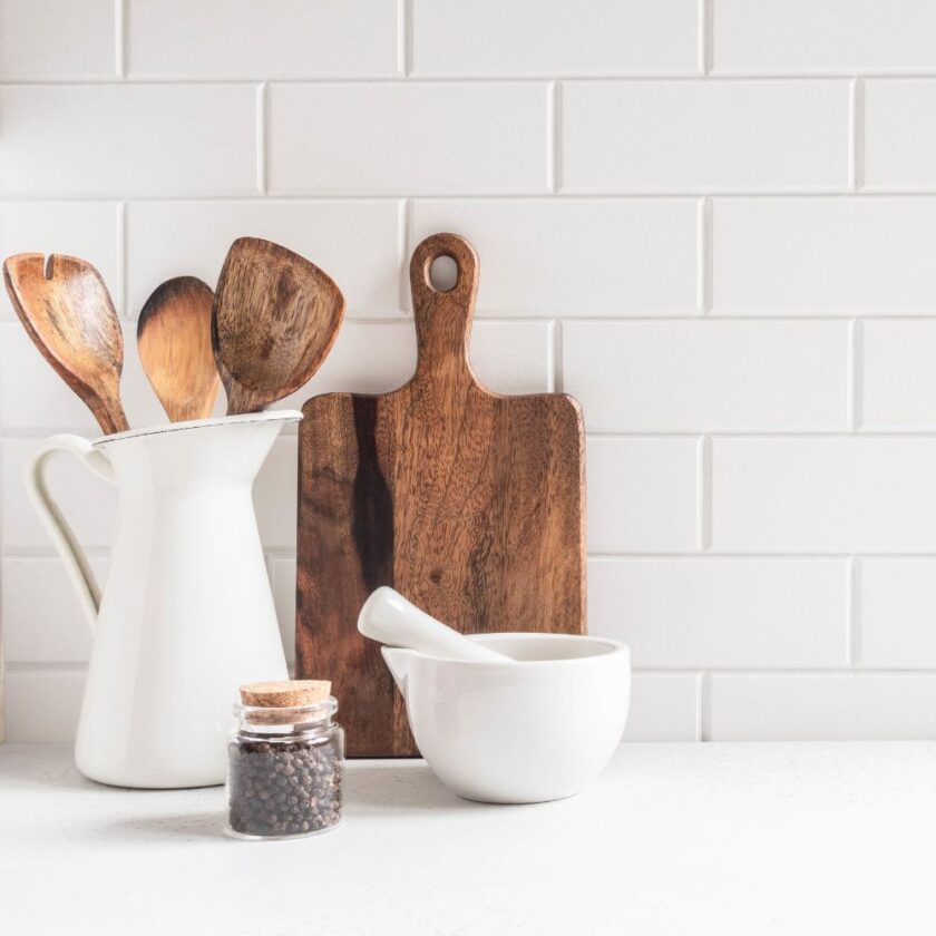 kitchen utensils on a sideboard