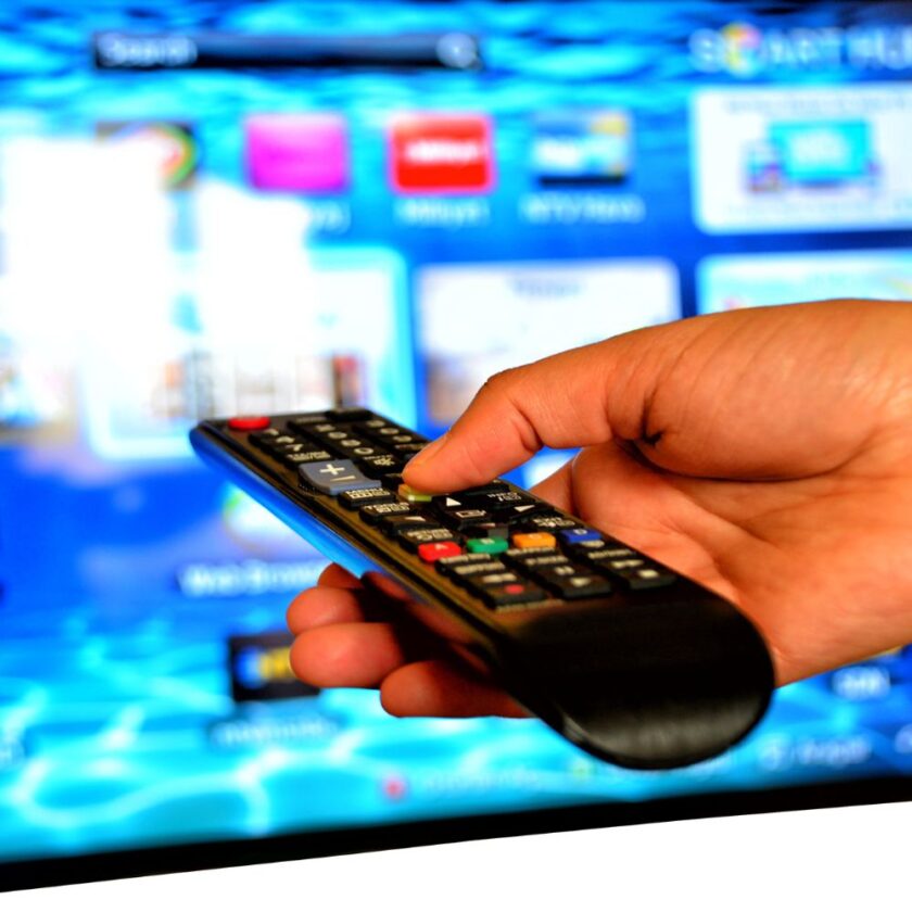 person holding a TV remote with TV in background