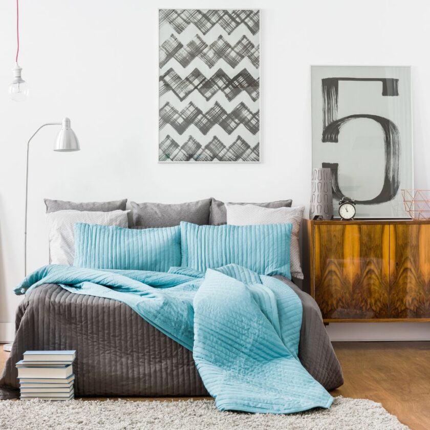 spacious bedroom with modern furniture