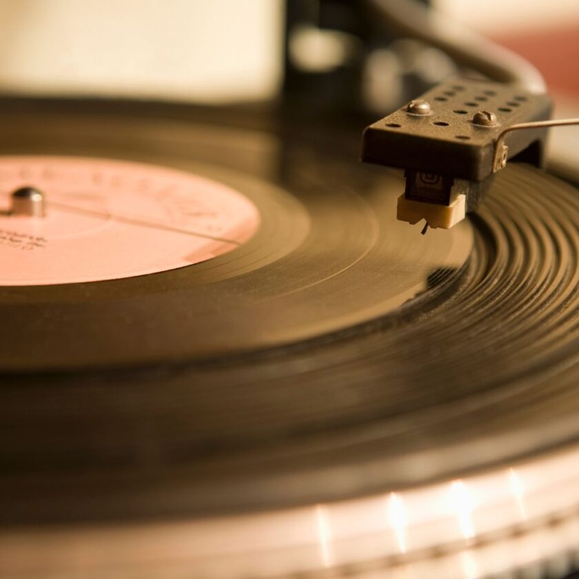close up of a record on a turn table 