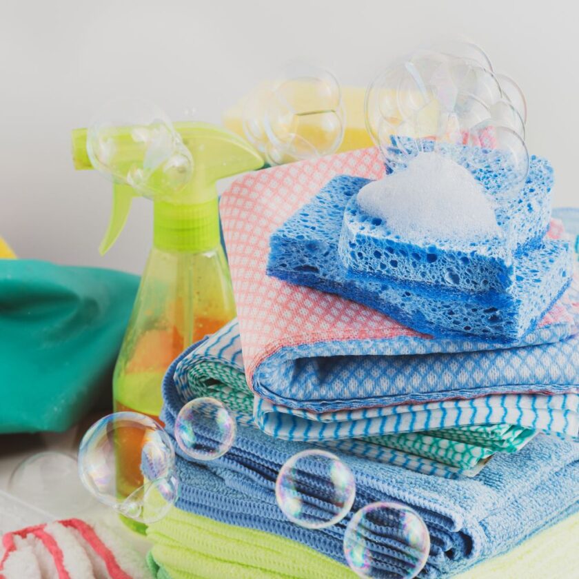 cleaning supplies with bubbles in the picture 