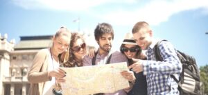 friends all looking at a map