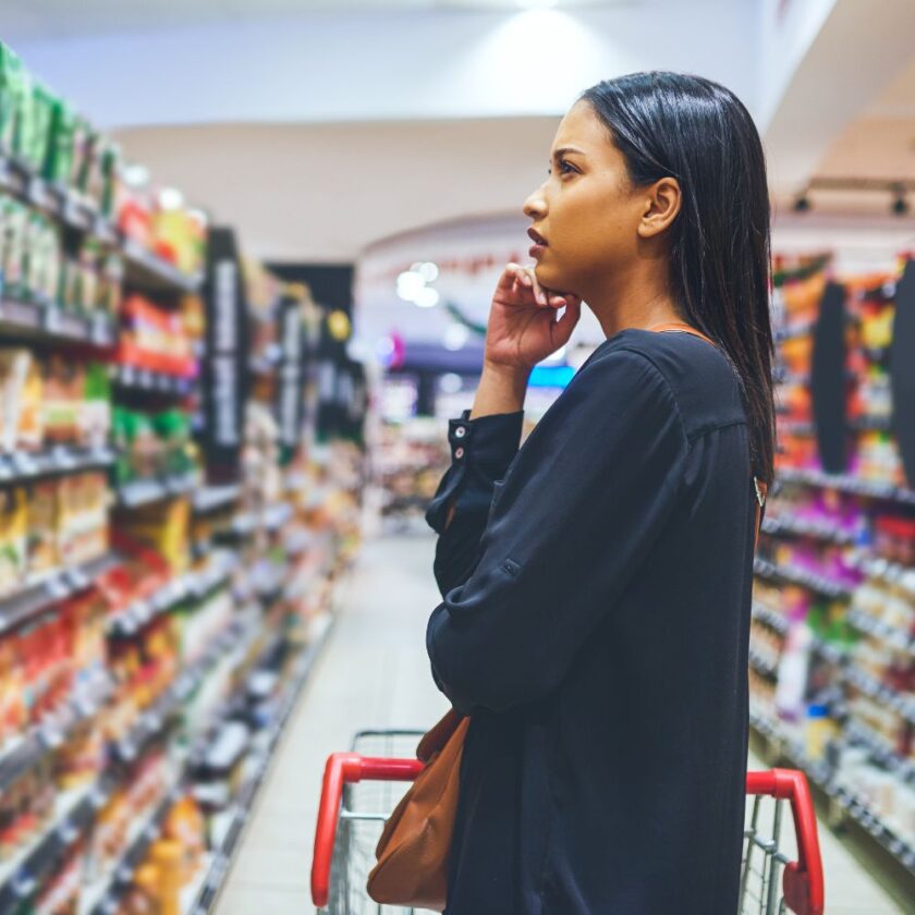 woman thinking about what she buys