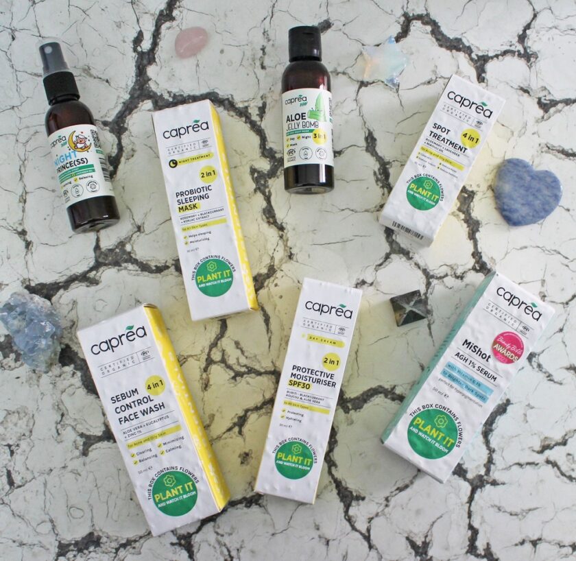 Caprea Beauty Products with Plantable Boxes Flatlay