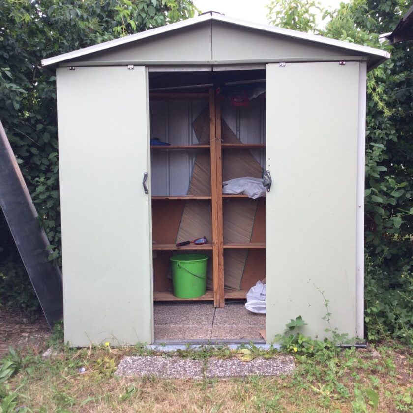 garden shed with shelving inside