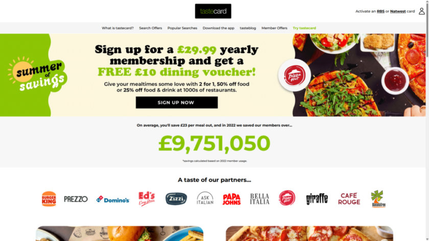 tastecard homepage screenshot