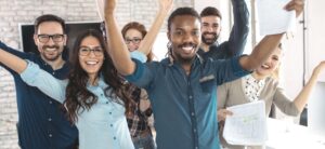 happy group of employees in an office