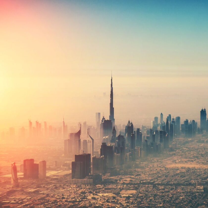 ariel view of Dubai city at sunset