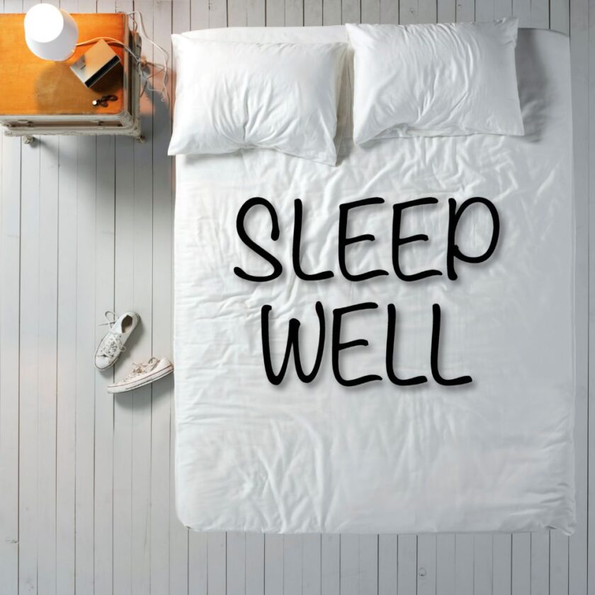 bedroom from above with sleep well on the bed