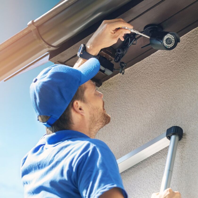 man installing a security camera outside a home