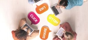people sat on laptops on social media with words like like hello click share around them