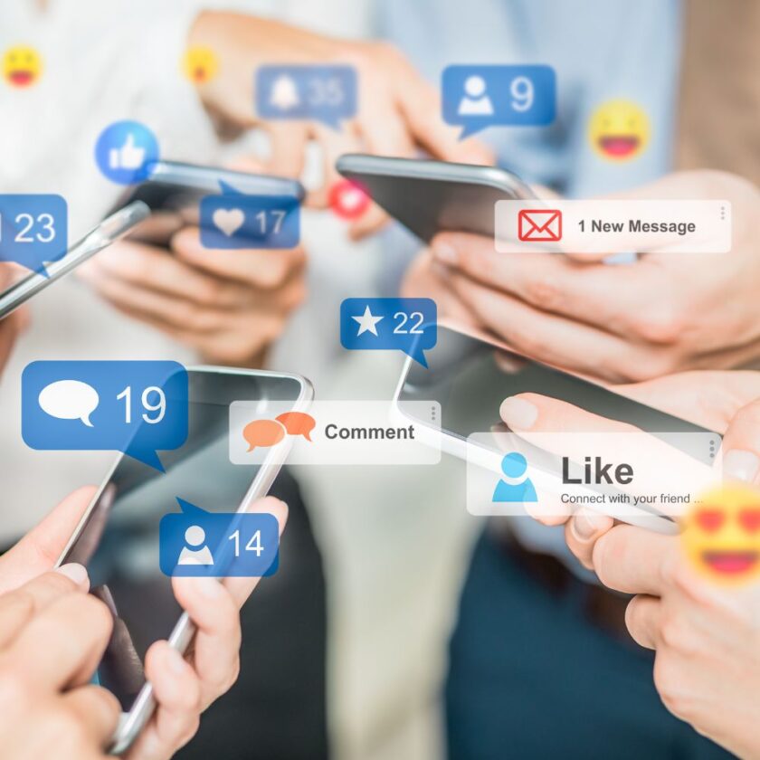 people stood around all on social media