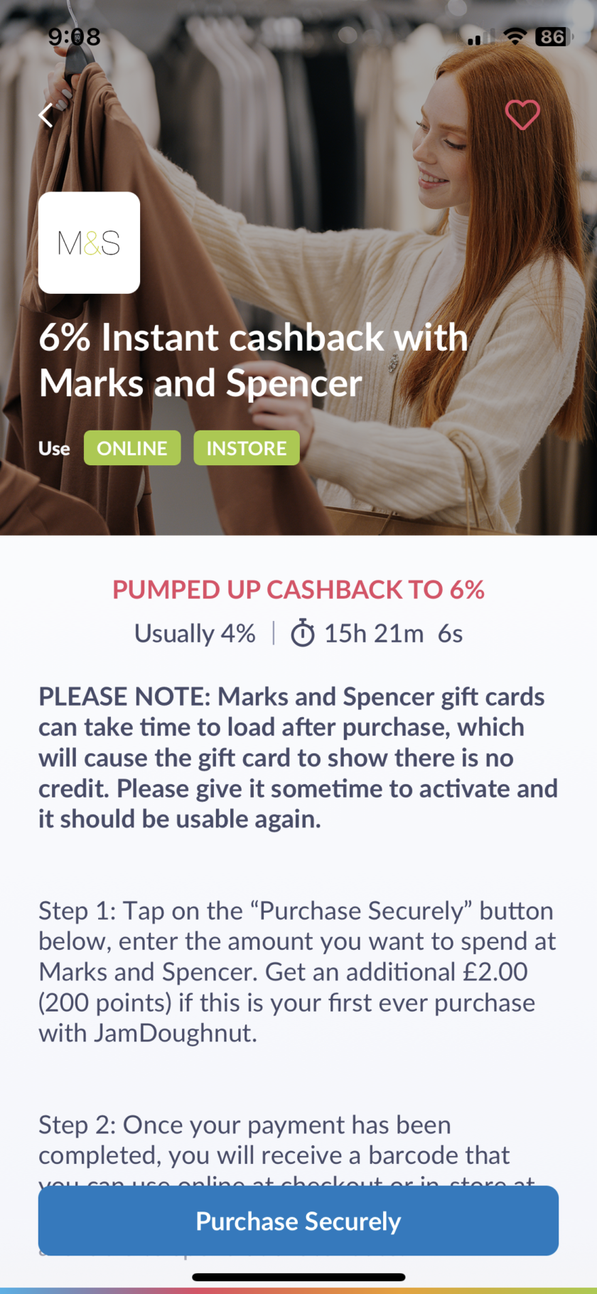Marks and Spencer Cashback on JamDoughnut