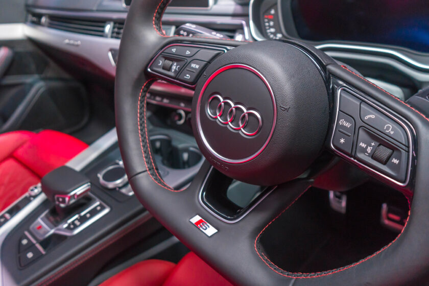 SINGAPORE - JANUARY 12, 2019: Close-up Steering Wheel from Audi S5 Cabriolet at the Singapore Motorshow