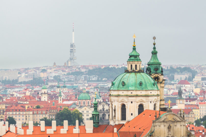 Prague Church of St. Nicholas, the TV tower Zizkov