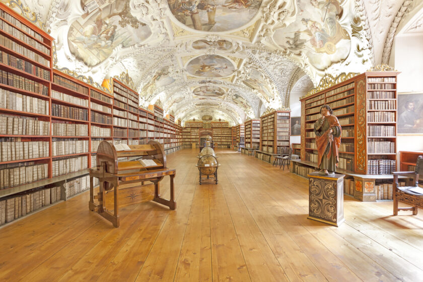 Prague, Czech Republic- June 15, 2014: The Theological Hall in Strahov monastery in Prague, one of the finest library interiors in Europe.