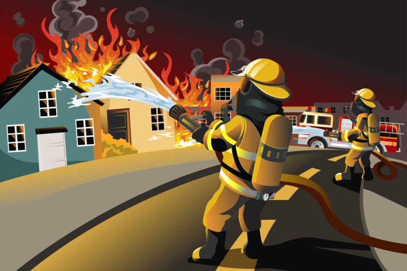 A vector illustration of firefighters trying to put out burning houses