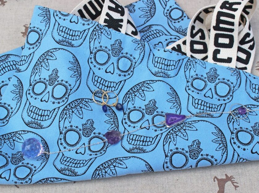 Cashmere Blue Skull Print Cotton Shopper Tote Bag by Xander Kostroma