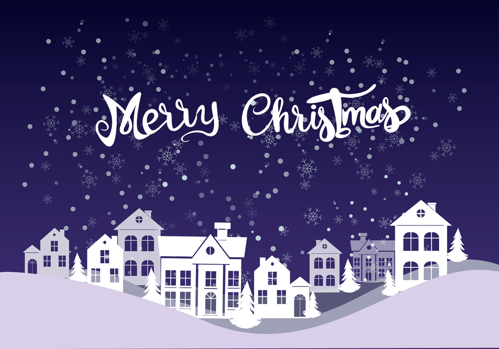 A snowy village scene with white houses and pine trees under a dark blue sky. Snowflakes are falling, and the words Merry Christmas are written in decorative white script at the top.