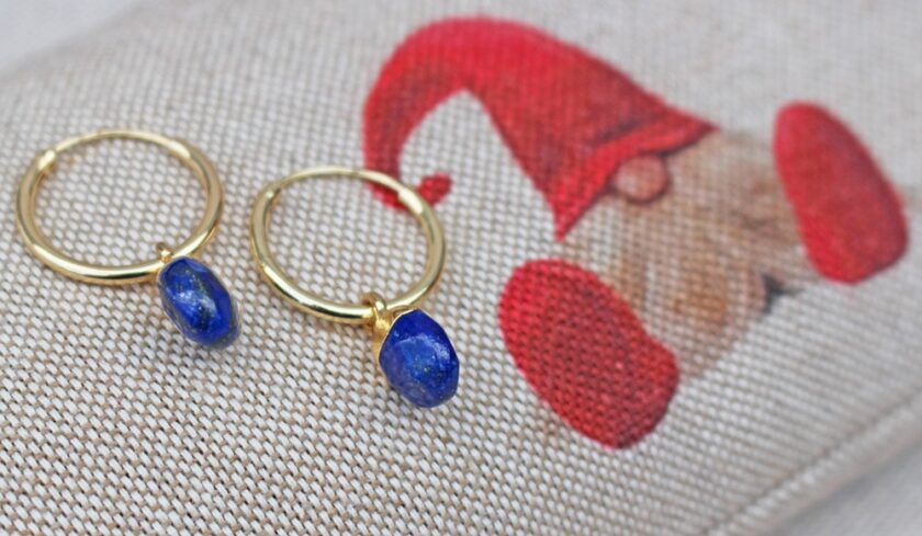 Gold Tone Lapis Lazuli Chunky Hoop Drop Earrings from Xander Kostroma