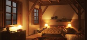 Cosy rustic bedroom at night