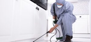 A person in protective gear and a mask crouches on a kitchen floor, holding a sprayer to apply pest control solution along the base of white cabinets.