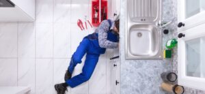 plumber working under a sink