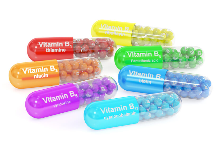 Set of vitamin capsules B1, B2, B3, B5, B6, B7, B12. 3D rendering isolated on white background