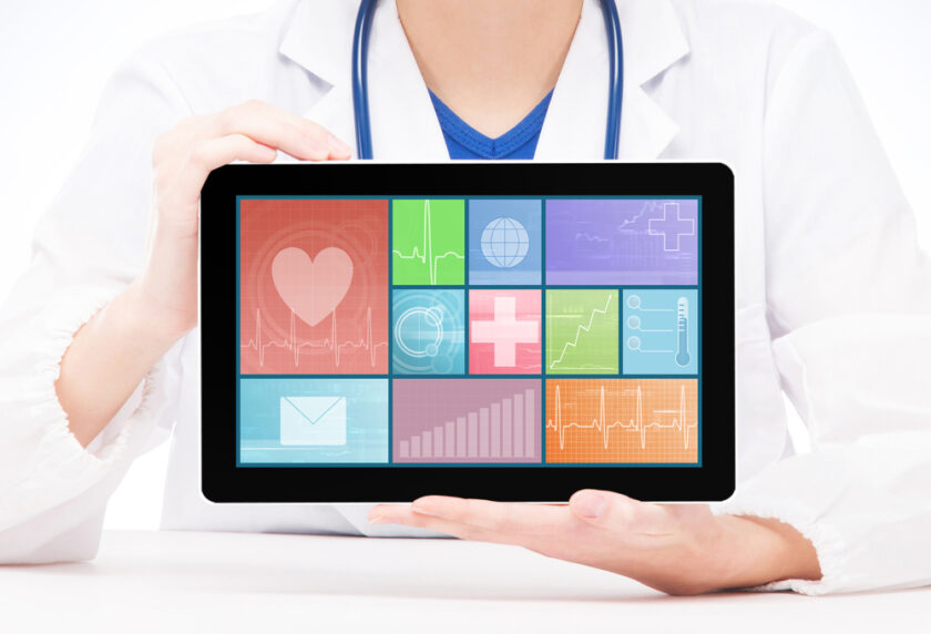 Young and professional medical doctor showing a tablet pc. Tile design and technology concept.