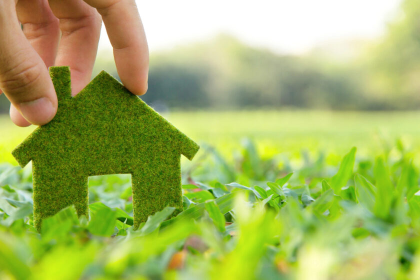 Green house on the grass held by a hand