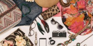 Woman’s accessories in a flat lay