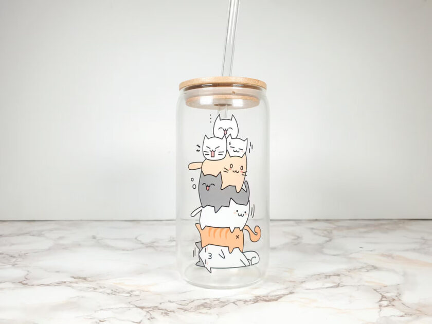 Cat stack adorable 20oz clear or frosted glass can with bamboo lid and straw from the confetti cove