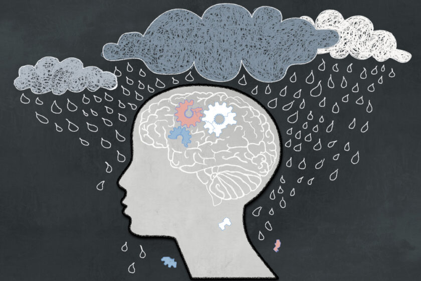Depression Concept with Heavy Rain directly aimed at depressive Human Profile with a broken Brain. Illustrated with Chalk on Blackboard