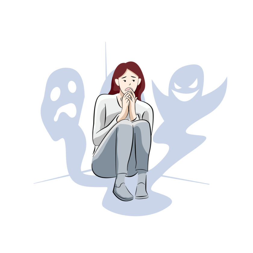 person with ghosts around them signifying a struggle with mental health