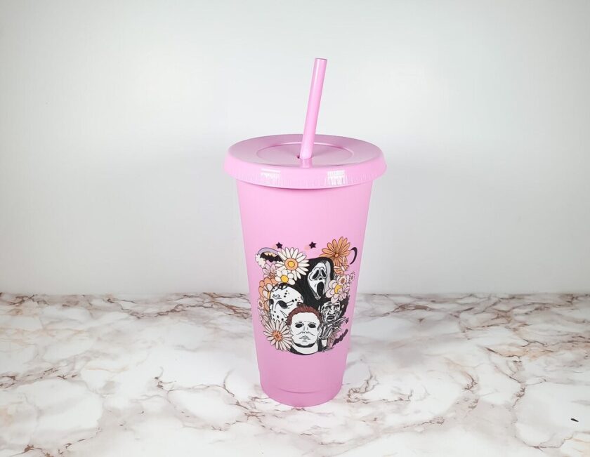 Horror Characters in a pop art style - 24oz pink cold cup with lid and straw from The Confetti Cove