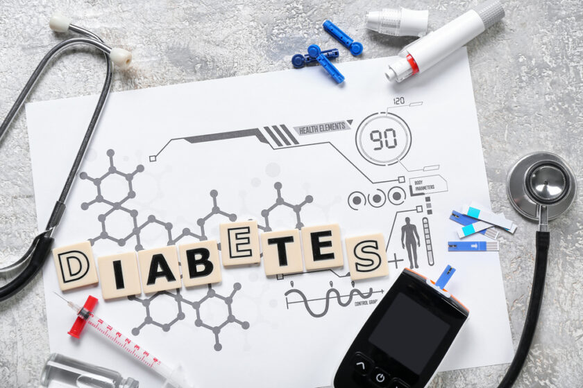 Word DIABETES with medical supplies on grunge background