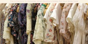 A rack of clothing displaying a variety of dresses with different floral patterns and lace textures, hanging closely together. The top text reads, The 3 Factors To Consider When Buying A Dress For Your Body Type.
