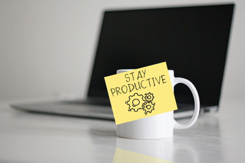 Stay productive is shown using a text and picture of gears