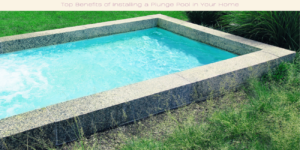 A rectangular plunge pool with clear blue water is surrounded by a stone border. Its set in a grassy area with tall plants nearby. The top of the image has the text Top Benefits of Installing a Plunge Pool in Your Home.