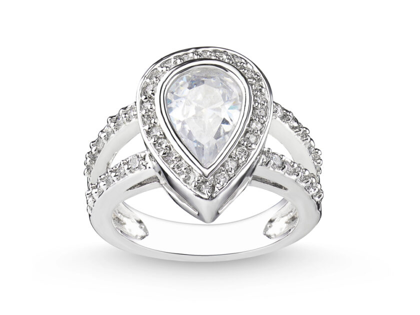 white gold ring with a pear shaped stone