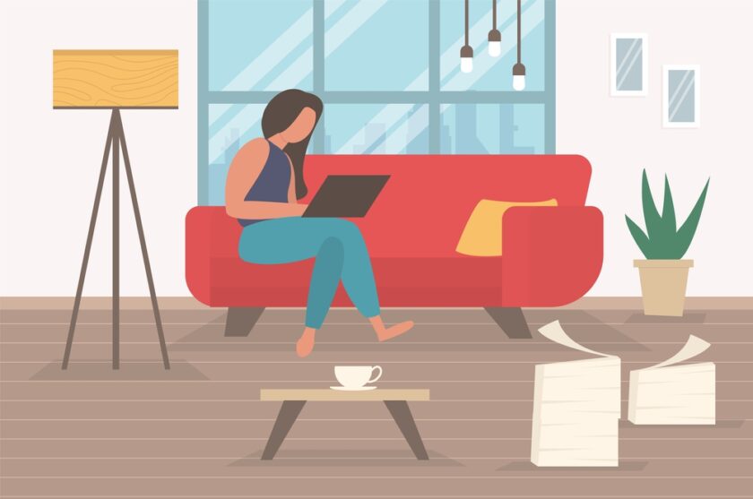 Freelance character working at home, work from home, self employed, home office, work at home, freedom conceptual vector illustration. Telework character. Online wireless business technology.