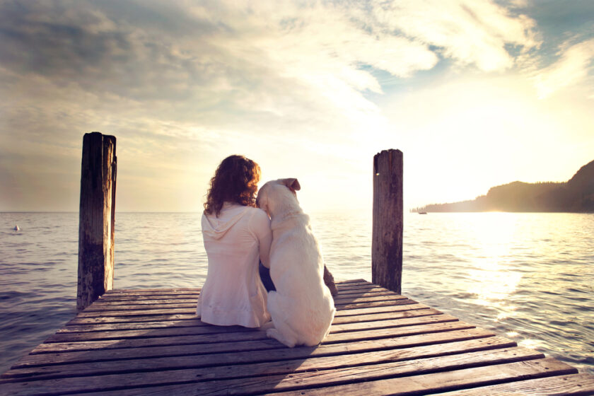 woman and dog sat on a dock