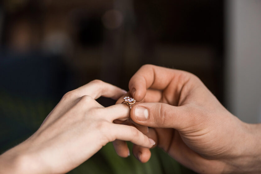 Man putting a ring on a womans finger
