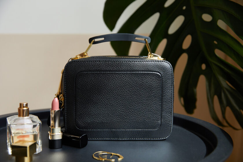Black leather handbag