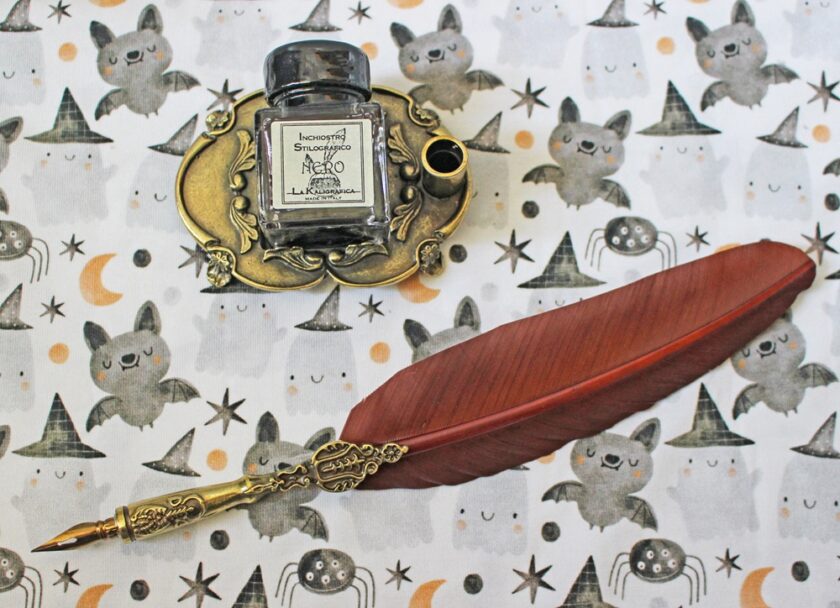 Brown Pewter Feather Quill & Ink Bottle with Pen Holder from Pen Heaven