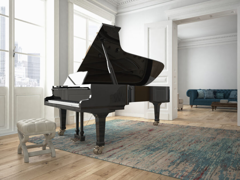 a black piano in a modern living room. 3d rendering